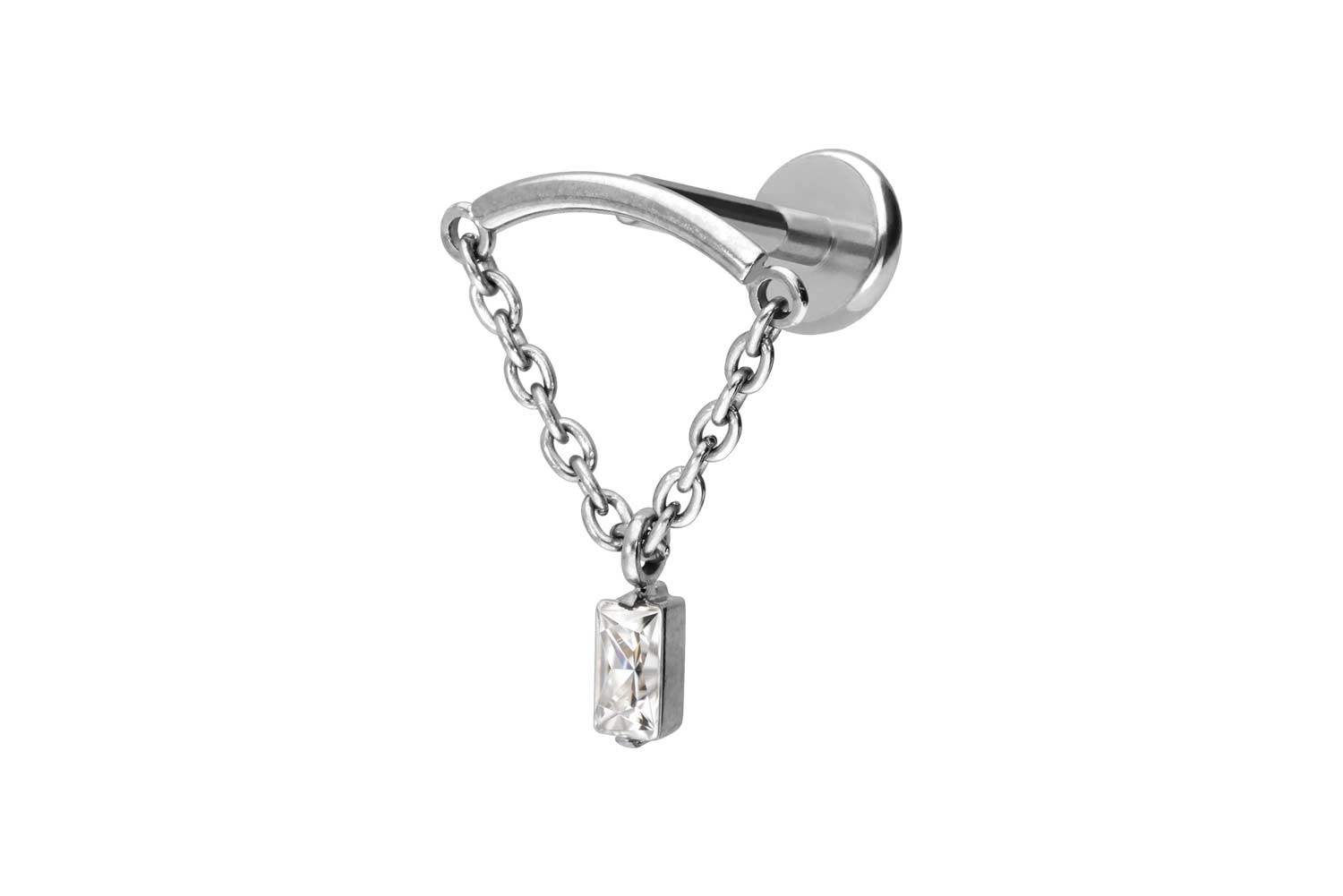 Titan Labret Piercing mit Push Fit BOGEN + KETTE + KRISTALLRECHTECK